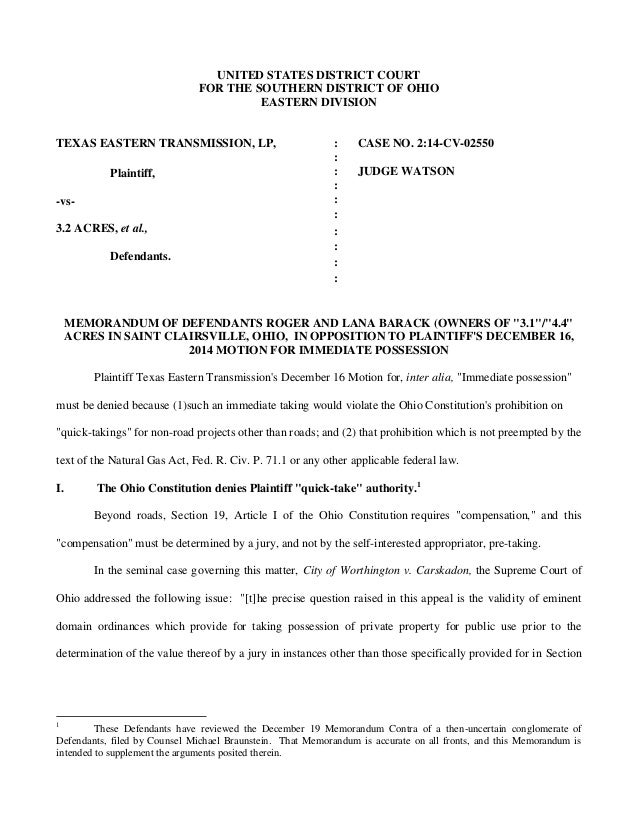 Motion Filed in US District Court of Eastern OH Against Motion Filed in US District Court of Eastern OH Against