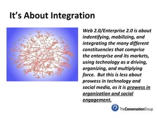 It’s About Integration Web 2.0/Enterprise 2.0 is about indentifying, mobilizing, and integrating the many different consti...