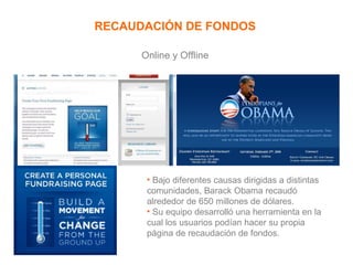 RECAUDACIÓN DE FONDOS Online y Offline Bajo diferentes causas dirigidas a distintas comunidades, Barack Obama recaudó alrededor de 650 millones de dólares. Su equipo desarrolló una herramienta en la cual los usuarios podían hacer su propia página de recaudación de fondos. 