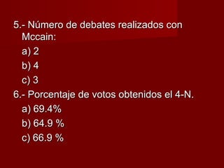 5.- Número de debates realizados con5.- Número de debates realizados con
Mccain:Mccain:
a) 2a) 2
b) 4b) 4
c) 3c) 3
6.- Porcentaje de votos obtenidos el 4-N.6.- Porcentaje de votos obtenidos el 4-N.
a) 69.4%a) 69.4%
b) 64.9 %b) 64.9 %
c) 66.9 %c) 66.9 %
 