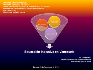 UNIVERSIDAD METROPOLITANA
FACULTAD DE CIENCIAS Y ARTES
DEPARTAMENTO DE EDUCACIÓN Y TECNOLOGÍA EDUCATIVA
ASIGNATURA: Técnicas para la Gestión de Información
2do. TRIMESTRE
PROFESOR: HARVEY, Ivonne




                                                      Inclusión
                                      Educación



                                                  Venezuela




                       Educación Inclusiva en Venezuela
                                                                                      INTEGRANTES:
                                                                    BARRASSO ROPERO, Guadalupe Emilia
                                                                              BARAHONA UBEDA, Sofía


                                Caracas, 25 de Noviembre de 2011.
 