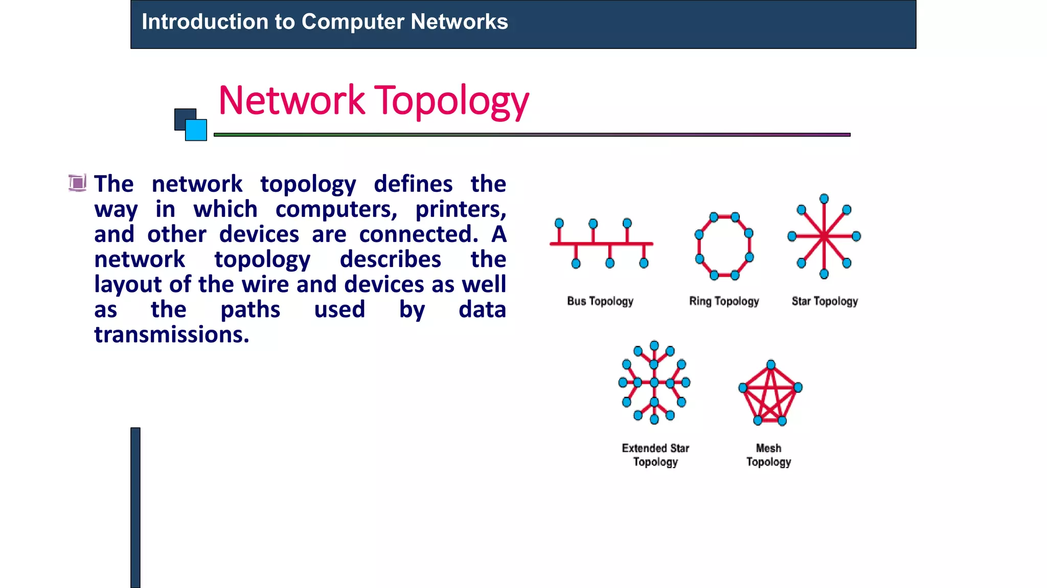 Network Topology
The network topology defines the
way in which computers, printers,
and other devices are connected. A
network topology describes the
layout of the wire and devices as well
as the paths used by data
transmissions.
Introduction to Computer Networks
 