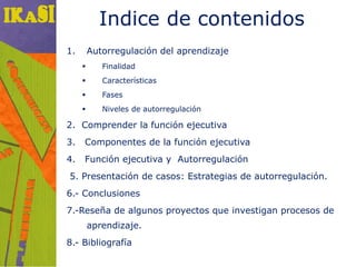 Indice de contenidos
1.       Autorregulación del aprendizaje
           Finalidad
           Características
         ...