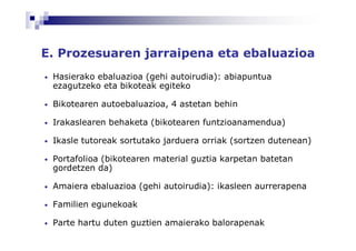 E. Prozesuaren jarraipena eta ebaluazioa
•   Hasierako ebaluazioa (gehi autoirudia): abiapuntua
    ezagutzeko eta bikoteak egiteko

•   Bikotearen autoebaluazioa, 4 astetan behin

•   Irakaslearen behaketa (bikotearen funtzioanamendua)

•   Ikasle tutoreak sortutako jarduera orriak (sortzen dutenean)

•   Portafolioa (bikotearen material guztia karpetan batetan
    gordetzen da)

•   Amaiera ebaluazioa (gehi autoirudia): ikasleen aurrerapena

•   Familien egunekoak

•   Parte hartu duten guztien amaierako balorapenak
 