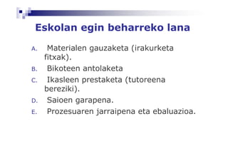 Eskolan egin beharreko lana

A.    Materialen gauzaketa (irakurketa
     fitxak).
B.    Bikoteen antolaketa
C.    Ikasleen prestaketa (tutoreena
     bereziki).
D.    Saioen garapena.
E.    Prozesuaren jarraipena eta ebaluazioa.
 