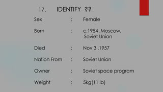 Sex : Female
Born : c.1954 ,Moscow,
Soviet Union
Died : Nov 3 ,1957
Nation From : Soviet Union
Owner : Soviet space program
Weight : 5kg(11 lb)
IDENTIFY ??17.
 