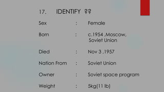 Sex : Female
Born : c.1954 ,Moscow,
Soviet Union
Died : Nov 3 ,1957
Nation From : Soviet Union
Owner : Soviet space program
Weight : 5kg(11 lb)
IDENTIFY ??17.
 