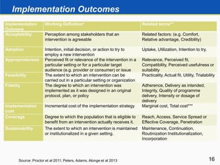 Implementation Outcomes
16
Implementation
Outcome
Working Definition* Related terms**
Acceptability Perception among stakeholders that an
intervention is agreeable
Related factors: (e.g. Comfort,
Relative advantage, Credibility)
Adoption Intention, initial decision, or action to try to
employ a new intervention
Uptake, Utilization, Intention to try,
Appropriateness Perceived fit or relevance of the intervention in a
particular setting or for a particular target
audience (e.g. provider or consumer) or issue
Relevance, Perceived fit,
Compatibility, Perceived usefulness or
suitability
Feasibility The extent to which an intervention can be
carried out in a particular setting or organization
Practicality, Actual fit, Utility, Trialability
Fidelity The degree to which an intervention was
implemented as it was designed in an original
protocol, plan, or policy
Adherence, Delivery as intended,
Integrity, Quality of programme
delivery, Intensity or dosage of
delivery
Implementation
cost
Incremental cost of the implementation strategy Marginal cost, Total cost***
Coverage Degree to which the population that is eligible to
benefit from an intervention actually receives it.
Reach, Access, Service Spread or
Effective Coverage, Penetration
Sustainability The extent to which an intervention is maintained
or institutionalized in a given setting.
Maintenance, Continuation,
Routinization Institutionalization,
Incorporation
Source: Proctor et al 2011; Peters, Adams, Alonge et al 2013
 