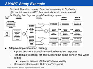 SMART Study Example
Research Question: Among clinics not responding to Replicating
effective interventions/REP, how much does external or internal
facilitation help improve mood disorders program
Source: Kilbourne, Almirall, Implementation Science, 2014
 Adaptive Implementation Strategy
 A priori decisions about intervention based on response
 Randomize to control for confounders but being done in real world
setting
 Improved balance of Internal/External Validity
 Measure Implementation Outcomes Throughout
 