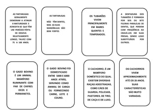 AS TARTARUGAS
GERALMENTE
DEMORAM A ATINGIR
A MATURIDADE E
ACREDITA-SE QUE TÊM
UM PERÍODO FÉRTIL
DE DESOVA
RELATIVAMENTE
LONGO, TALVEZ COM
75 A 100 ANOS.
AS TARTARUGAS
NÃO TÊM DENTES,
MAS AS SUAS
MANDÍBULAS SÃO
BEM FORTES
OS TUBARÕES
VIVEM
PRINCIPALMENTE
EM MARES
QUENTES E
TEMPERADOS.
A DENTADURA DOS
TUBARÕES É FORMADA
POR SEIS OU SETE
FILEIRAS PARALELAS DE
DENTES, QUE PERDEM
COM FREQÜÊNCIA AO
CRAVÁ-LOS EM SUAS
PRESAS, SENDO LOGO
SUBSTITUÍDOS POR
OUTROS.
O GADO BOVINO
É UM ANIMAL
MAMÍFERO
RUMINANTE COM
PAR DE CHIFRES
OCOS E
PERMANETES.
O GADO BOVINO FOI
DOMESTICADO
ENTRE 5000 E 6000
ANOS ATRÁS,
SERVINDO COMO
ANIMAL DE CARGA
OU FORNECENDO
CARNE, LEITE E
COURO.
O CACHORRO, É UM
MAMÍFERO
DOMÉSTICO DO QUAL
EXISTEM DIVERSAS
RAÇAS ADESTRADAS,
COMO CÃES DE
GUARDA, POLICIAIS,
PASTORES, DE TIRO,
DE CAÇA E DE LUXO.
OS CACHORROS
VIVEM
APROXIMADAMENTE
ATÉ OS 20 ANOS.
SUAS
CARACTERÍSTICAS
SÃO MUITO
VARIADAS.
 