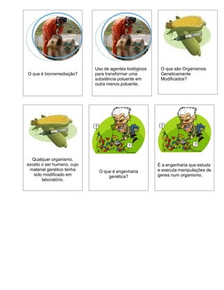 Uso de agentes biológicos    O que são Organismos
O que é biorremediação?     para transformar uma         Geneticamente
                            substância poluente em       Modificados?
                            outra menos poluente.




  Qualquer organismo,
exceto o ser humano, cujo                               É a engenharia que estuda
 material genético tenha      O que é engenharia        e executa manipulações de
   sido modificado em             genética?             genes num organismo.
       laboratório.
 