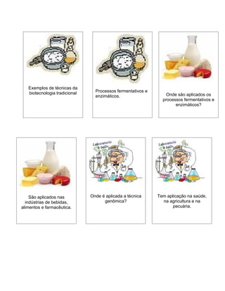 Exemplos de técnicas da
   biotecnologia tradicional     Processos fermentativos e
                                 enzimáticos.                    Onde são aplicados os
                                                               processos fermentativos e
                                                                     enzimáticos?




    São aplicados nas          Onde é aplicada a técnica     Tem aplicação na saúde,
  indústrias de bebidas,             genômica?                 na agricultura e na
alimentos e farmacêutica.                                           pecuária.
 