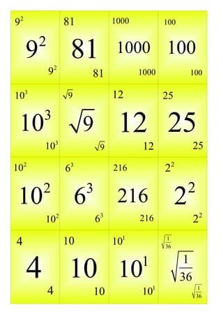 92                   81                   1000          100



     9   2
                         81                1000 100
             92                  81              1000             100

103                  9                    12            25

 10      3
                             9             12 25
         103                          9           12                  25
                                                             2
102                  6   3
                                          216           2
         2                       3                                2
 10                          6             216               2            2
         10      2
                                     63          216                  2

4                    10                   101            1
                                                        36




     4 10                                  10    1               1
                                                                 36
             4                   10              101                   1
                                                                      36
 