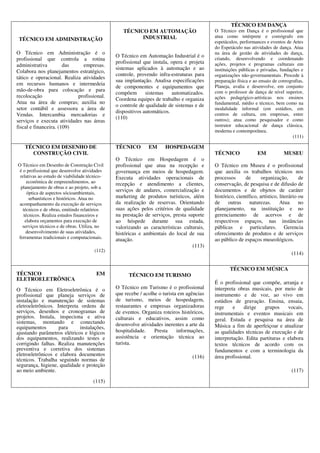 TÉCNICO EM ADMINISTRAÇÃO
O Técnico em Administração é o
profissional que controla a rotina
administrativa das empresas.
Colabora nos planejamentos estratégico,
tático e operacional. Realiza atividades
em recursos humanos e intermedeia
mão-de-obra para colocação e para
recolocação profissional.
Atua na área de compras; auxilia no
setor contábil e assessora a área de
Vendas. Intercambia mercadorias e
serviços e executa atividades nas áreas
fiscal e financeira. (109)
TÉCNICO EM AUTOMAÇÃO
INDUSTRIAL
O Técnico em Automação Industrial é o
profissional que instala, opera e projeta
sistemas aplicados à automação e ao
controle, provendo infra-estruturas para
sua implantação. Analisa especificações
de componentes e equipamentos que
compõem sistemas automatizados.
Coordena equipes de trabalho e organiza
o controle de qualidade de sistemas e de
dispositivos automáticos.
(110)
TÉCNICO EM DANÇA
O Técnico em Dança é o profissional que
atua como intérprete e coreógrafo em
espetáculos, performances e eventos de Artes
do Espetáculo nas atividades de dança. Atua
na área de gestão de atividades de dança,
criando, desenvolvendo e coordenando
ações, projetos e programas culturais em
instituições públicas e privadas, fundações e
organizações não-governamentais. Procede à
preparação física e ao ensaio de coreografias,
Planeja, avalia e desenvolve, em conjunto
com o professor de dança de nível superior,
ações pedagógico-artísticas nos ensinos
fundamental, médio e técnico, bem como na
modalidade informal (em estúdios, em
centros de cultura, em empresas, entre
outros); atua como pesquisador e como
instrutor educacional de dança clássica,
moderna e contemporânea.
(111)
TÉCNICO EM DESENHO DE
CONSTRUÇÃO CIVIL
O Técnico em Desenho de Construção Civil
é o profissional que desenvolve atividades
relativas ao estudo de viabilidade técnico-
econômica de empreendimentos, ao
planejamento de obras e ao projeto, sob a
óptica de aspectos sócioambientais,
urbanísticos e históricos. Atua no
acompanhamento da execução de serviços
técnicos e de obras, emitindo relatórios
técnicos. Realiza estudos financeiros e
elabora orçamentos para execução de
serviços técnicos e de obras. Utiliza, no
desenvolvimento de suas atividades,
ferramentas tradicionais e computacionais.
(112)
TÉCNICO EM HOSPEDAGEM
O Técnico em Hospedagem é o
profissional que atua na recepção e
governança em meios de hospedagem.
Executa atividades operacionais de
recepção e atendimento a clientes,
serviços de andares, comercialização e
marketing de produtos turísticos, além
da realização de reservas. Orientando
suas ações pelos critérios de qualidade
na prestação de serviços, presta suporte
ao hóspede durante sua estada,
valorizando as características culturais,
históricas e ambientais do local de sua
atuação.
(113)
TÉCNICO EM MUSEU
O Técnico em Museu é o profissional
que auxilia os trabalhos técnicos nos
processos de organização, de
conservação, de pesquisa e de difusão de
documentos e de objetos de caráter
histórico, científico, artístico, literário ou
de outras naturezas. Atua no
planejamento, na instituição e no
gerenciamento de acervos e de
respectivos espaços, nas instâncias
públicas e particulares. Gerencia
oferecimento de produtos e de serviços
ao público de espaços museológicos.
(114)
TÉCNICO EM
ELETROELETRÔNICA
O Técnico em Eletroeletrônica é o
profissional que planeja serviços de
instalação e manutenção de sistemas
eletroeletrônicos. Interpreta ordens de
serviços, desenhos e cronogramas de
projetos. Instala, inspeciona e ativa
sistemas, montando e conectando
equipamentos para instalações,
ajustando parâmetros elétricos e lógicos
dos equipamentos, realizando testes e
corrigindo falhas. Realiza manutenções
preventiva e corretiva dos sistemas
eletroeletrônicos e elabora documentos
técnicos. Trabalha seguindo normas de
segurança, higiene, qualidade e proteção
ao meio ambiente.
(115)
TÉCNICO EM TURISMO
O Técnico em Turismo é o profissional
que recebe / acolhe o turista em agências
de turismo, meios de hospedagem,
restaurantes e empresas organizadoras
de eventos. Organiza roteiros históricos,
culturais e educativos, assim como
desenvolve atividades inerentes a arte da
hospitalidade. Presta informações,
assistência e orientação técnica ao
turista.
(116)
TÉCNICO EM MÚSICA
É o profissional que compõe, arranja e
interpreta obras musicais, por meio de
instrumento e de voz, ao vivo em
estúdios de gravação. Ensina, ensaia,
rege e dirige grupos vocais,
instrumentais e eventos musicais em
geral. Estuda e pesquisa na área de
Música a fim de aperfeiçoar e atualizar
as qualidades técnicas de execução e de
interpretação. Edita partituras e elabora
textos técnicos de acordo com os
fundamentos e com a terminologia da
área profissional.
(117)
 