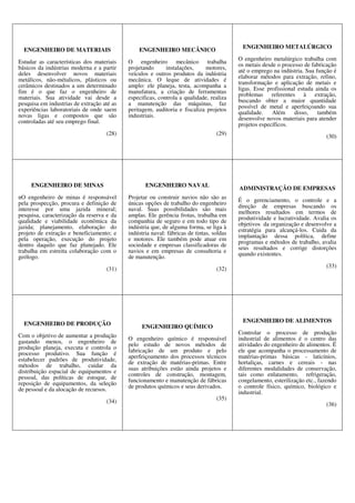 ENGENHEIRO DE MATERIAIS
Estudar as características dos materiais
básicos da indústrias moderna e a partir
deles desenvolver novos materiais
metálicos, não-métalicos, plásticos ou
cerâmicos destinados a um determinado
fim é o que faz o engenheiro de
materiais. Sua atividade vai desde a
pesquisa em industrias de extração até as
experiências laboratoriais de onde saem
novas ligas e compostos que são
controladas até seu emprego final.
(28)
ENGENHEIRO MECÂNICO
O engenheiro mecânico trabalha
projetando instalações, motores,
veículos e outros produtos da indústria
mecânica. O leque de atividades é
amplo: ele planeja, testa, acompanha a
manufatura, a criação de ferramentas
especificas, controla a qualidade, realiza
a manutenção das máquinas, faz
peritagem, auditoria e fiscaliza projetos
industriais.
(29)
ENGENHEIRO METALÚRGICO
O engenheiro metalúrgico trabalha com
os metais desde o processo de fabricação
até o emprego na indústria. Sua função é
elaborar métodos para extração, refino,
transformação e aplicação de metais e
ligas. Esse profissional estuda ainda os
problemas referentes à extração,
buscando obter a maior quantidade
possível de metal e aperfeiçoando sua
qualidade. Além disso, também
desenvolve novos materiais para atender
projetos específicos.
(30)
ENGENHEIRO DE MINAS
nO engenheiro de minas é responsável
pela prospecção, procura e definição de
interesse por uma jazida mineral;
pesquisa, caracterização da reserva e da
qualidade e viabilidade econômica da
jazida; planejamento, elaboração do
projeto de extração e beneficiamento; e
pela operação, execução do projeto
dentro daquilo que faz planejado. Ele
trabalha em estreita colaboração com o
geólogo.
(31)
ENGENHEIRO NAVAL
Projetar ou construir navios não são as
únicas opções de trabalho do engenheiro
naval. Suas possibilidades são mais
amplas. Ele gerência frotas, trabalha em
companhia de seguro e em todo tipo de
indústria que, de alguma forma, se liga à
indústria naval: fábricas de tintas, soldas
e motores. Ele também pode atuar em
sociedade e empresas classificadoras de
navios e em empresas de consultoria e
de manutenção.
(32)
ADMINISTRAÇÃO DE EMPRESAS
É o gerenciamento, o controle e a
direção de empresas buscando os
melhores resultados em termos de
produtividade e lucratividade. Avalia os
objetivos da organização e desenvolve a
estratégia para alcançá-los. Cuida da
implantação dessa política, define
programas e métodos de trabalho, avalia
seus resultados e corrige distorções
quando existentes.
(33)
ENGENHEIRO DE PRODUÇÃO
Com o objetivo de aumentar a produção
gastando menos, o engenheiro de
produção planeja, executa e controla o
processo produtivo. Sua função é
estabelecer padrões de produtividade,
métodos de trabalho, cuidar da
distribuição espacial de equipamentos e
pessoal, das políticas de estoque, de
reposição de equipamentos, da seleção
de pessoal e da alocação de recursos.
(34)
ENGENHEIRO QUÍMICO
O engenheiro químico é responsável
pelo estudo de novos métodos de
fabricação de um produto e pelo
aperfeiçoamento dos processos técnicos
de extração de matérias-primas. Entre
suas atribuições estão ainda projetos e
controles de construção, montagem,
funcionamento e manutenção de fábricas
de produtos químicos e seus derivados.
(35)
ENGENHEIRO DE ALIMENTOS
Controlar o processo de produção
industrial de alimentos é o centro das
atividades do engenheiro de alimentos. É
ele que acompanha o processamento de
matérias-primas básicas - laticínios,
hortaliças, carnes e cereais - nas
diferentes modalidades de conservação,
tais como enlatamento, refrigeração,
congelamento, esterilização etc., fazendo
o controle físico, químico, biológico e
industrial.
(36)
 