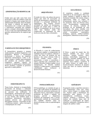 ADMINISTRAÇÃO HOSPITALAR
Cuidar para que tudo corra bem num
local tenso e cheio de conflitos como um
hospital é a função, nem sempre fácil, do
administrador hospitalar. Suas atividades
vão desde o controle do quadro de
funcionários até o contato com médicos
e enfermeiras, passando por cuidados
quanto a estoque, alimentação e higiene.
A isso se alia sua responsabilidade pelas
questões administrativas da empresa que
dirige.
(37)
ARQUEÓLOGO
O estudo da vida e da cultura dos povos
antigos por meio de escavações ou
através de documentos e objetos por eles
deixados é a principal atribuição de
arqueólogos. Sua atuação envolve
atividades de análise de documentos,
pesquisa de campo para a coleta de
material, levantamento de novas pistas
sobre uma hipótese ainda não
comprovada ou elaboração de uma
teoria em cima dos fatos constatados.
(38)
ESTATÍSTICO
O estatístico estuda a realidade
utilizando-se da amostragem. Para isso,
coleta, organiza e analisa os dados do
fenômeno estudado. Ele orienta, dirige e
supervisiona todas as etapas do
levantamento, analisa suas variações e
faz projeções. Atua em diversas áreas,
como recenseamento populacional,
resultado de eleições, controle de
produção ou da qualidade de uma
mercadoria. Em geral, trabalha com
especialistas de outras áreas nos campos
social, econômico, matemático,
biológico, agrícola, médico-sanitário,
demográfico, industrial ou educacional.
(39)
FARMNACEUTICO BIOQUÍMICO
O farmacêutico pesquisa e prepara
medicamentos, produtos higiênicos e de
perfumaria. Realiza a fiscalização
profissional e técnica de empresas
industriais farmacêuticas. Cabe a ele,
ainda, estudar o melhor aproveitamento
dos produtos de consumo público,
estabelecer métodos capazes de
evidenciar as adulterações e falsificações
desses produtos, evitando as possíveis
agressões à saúde pública.
(40)
FILOSOFIA
A Filosofia é a área do conhecimento
que procura ampliar a compreensão da
realidade através de análises, reflexões e
critica dos fatos, do homem, de sua
história e das outras ciências. Cabe ao
filósofo estudar temas como o
pensamento, a razão, a consciência e
outros conceitos que, exatamente sob a
atuação filosófica, podem ganhar novas
interpretações. O filósofo também
organiza o conhecimento, o pensamento,
contribuindo para esclarecer o
desenvolvimento humano.
(41)
FÍSICO
O físico, a partir do estudo das leis
naturais, trabalha em áreas como
mecânica, energia térmica, ótica,
acústica, eletricidade, magnetismo e
eletrônica, entrando também em áreas
interdisciplinares como ciências das
materiais, física médica e geofísica. É
ele quem fornece os dados para o
desenvolvimento industrial de projetos
como raio laser ou reatores nucleares
industriais.
(42)
FISIOTERAPEUTA
Tratar lesões, diminuir as incapacidades
decorrentes de doenças e sobretudo
restaurar e conservar a integridade física
do paciente são atribuições do
fisioterapeuta - profissional que estuda o
movimento do corpo humano em todas
as suas formas. Ele também ajuda a
restabelecer deficiências musculares,
recupera pessoas que apresentem
dificuldades motoras - associadas ou não
o problemas mentais - aplica massagens
e manipulações do corpo.
(43)
FONOAUDIÓLOGO
O Fonoaudiólogo, ao contrário do que se
pensa, não cuida apenas de distúrbios da
fala. Além de assessorar professores de
deficientes físicos, detectando e tratando
problemas de dicção e audição, ele
pesquisa, previne e diagnostica
distúrbios da linguagem oral e escrita,
aprimorando sistemas de comunicação.
Seu trabalho interfere tanto no
desenvolvimento como na aprendizagem
formal.
(44)
GEÓGRAFO
O geógrafo estuda a superfície terrestre e
seus componentes como solo, clima,
relevo, cursos d’água e a relação entre
eles. Analisa ainda a distribuição das
populações pelo planeta e suas
conseqüências econômicas, sociais,
culturais, políticas e históricas. Para
realizar seu trabalho lança mão de
confecção e interpretação de mapas,
relatórios ambientais, fotografias áreas e
imagens de satélite e radar.
(45)
 