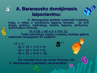 A. Baranausko domėjimasisA. Baranausko domėjimasis
laipsniavimu:laipsniavimu:
A. Baranauskas griebėsi sudarinėti kvadratų,A. Baranauskas griebėsi sudarinėti kvadratų,
kubų, o vėliau ir aukštesnių laipsnių lenteles. Jis tyrėkubų, o vėliau ir aukštesnių laipsnių lenteles. Jis tyrė
dviejų gretimų natūraliųjų skaičių laipsnių skirtumus.dviejų gretimų natūraliųjų skaičių laipsnių skirtumus.
Suformulavo formulę:Suformulavo formulę:
((nn +1)2+1)2 − n− n2 =2 = nn + (+ (nn+ 1)+ 1);;
Todėl natūraliųjų skaičių kvadratų lenteles galimaTodėl natūraliųjų skaičių kvadratų lenteles galima
sudarinėti naudojantis tik sudėtimi.sudarinėti naudojantis tik sudėtimi.
12 = 112 = 1;;
22 = 12 + 1+2 = 422 = 12 + 1+2 = 4;;
32 = 22 + 2+3 = 932 = 22 + 2+3 = 9;;
42 = 32 + 3+4 = 1642 = 32 + 3+4 = 16;;
: : : : : : : : : : : : : : : : : : : : :: : : : : : : : : : : : : : : : : : : : :
Šis metodas buvo jau seniai žinomas, betŠis metodas buvo jau seniai žinomas, bet
A. Baranauskas jį pastebėjo savarankiškai.A. Baranauskas jį pastebėjo savarankiškai.
 