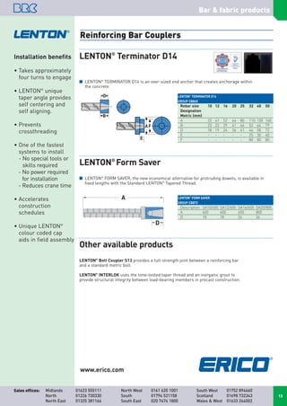 LENTON®
Terminator D14
I LENTON®
TERMINATOR D14 is an over-sized end anchor that creates anchorage within
the concrete.
LENTON®
TERMINATOR D14
GROUP CBB65
Rebar size 10 12 16 20 25 32 40 50
Designation
Metric (mm)
A 33 41 52 64 80 110 130 160
B 23 23 29 41 46 52 64 79
D 18 19 24 36 41 46 58 72
E - - - - - 25 30 40
F - - - - - 80 80 80
Installation benefits
• Takes approximately
four turns to engage
• LENTON®
unique
taper angle provides
self centering and
self aligning.
• Prevents
crossthreading
• One of the fastest
systems to install
- No special tools or
skills required
- No power required
for installation
- Reduces crane time
• Accelerates
construction
schedules
• Unique LENTON®
colour coded cap
aids in field assembly
13
Midlands 01623 555111
North 01226 730330
North East 01325 381166
North West 0161 620 1001
South 01794 521158
South East 020 7474 1800
South West 01752 894660
Scotland 01698 732343
Wales  West 01633 244002
Sales offices:
Bar  fabric products
www.erico.com
Reinforcing Bar Couplers
D
B
E
AF
A
D
LENTON®
Form Saver
I LENTON®
FORM SAVER, the new economical alternative for protruding dowels, is available in
fixed lengths with the Standard LENTON®
Tapered Thread.
Other available products
LENTON®
Bolt Coupler S13 provides a full-strength joint between a reinforcing bar
and a standard metric bolt.
LENTON®
INTERLOK uses the time-tested taper thread and an inorganic grout to
provide structural integrity between load-bearing members in precast construction.
LENTON®
FORM SAVER
GROUP CBB72
Description SA10/400 SA12/600 SA16/650 SA20/800
A 400 600 650 800
D 18 18 24 36
 