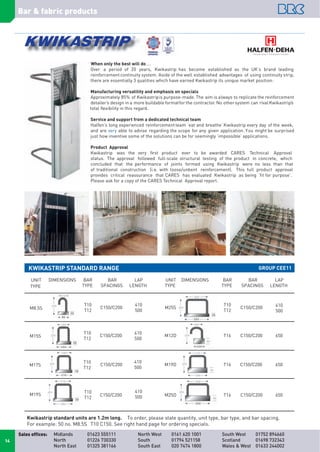 Bar  fabric products
Midlands 01623 555111
North 01226 730330
North East 01325 381166
North West 0161 620 1001
South 01794 521158
South East 020 7474 1800
South West 01752 894660
Scotland 01698 732343
Wales  West 01633 244002
Sales offices:
14
UNIT
TYPE
UNIT
TYPE
M8.5S M25S
M19S
M17S
M15S
M25D
M19D
M12D
DIMENSIONS DIMENSIONSBAR
TYPE
BAR
TYPE
T10
T12
T10
T12
T10
T12
T10
T12
T10
T12
T16
T16
T16
BAR
SPACINGS
C150/C200
C150/C200
C150/C200
C150/C200
C150/C200
C150/C200
C150/C200
C150/C200
BAR
SPACINGS
LAP
LENGTH
LAP
LENGTH
410
500
410
500
410
500
410
500
410
500
650
650
650
Kwikastrip standard units are 1.2m long. To order, please state quantity, unit type, bar type, and bar spacing.
For example: 50 no. M8.5S T10 C150. See right hand page for ordering specials.
When only the best will do….
Over a period of 20 years, Kwikastrip has become established as the UK’s brand leading
reinforcement continuity system. Aside of the well established advantages of using continuity strip,
there are essentially 3 qualities which have earned Kwikastrip its unique market position:
Manufacturing versatility and emphasis on specials
Approximately 85% of Kwikastripis purpose-made. The aim is always to replicate the reinforcement
detailer’s design in a more buildable formatfor the contractor. No othersystem can rivalKwikastrip’s
total ﬂexibility in this regard.
Service and support from a dedicated technical team
Halfen’s long experienced reinforcement team ‘eat and breathe’ Kwikastrip every day of the week,
and are very able to advise regarding the scope for any given application. You might be surprised
just how inventive some of the solutions can be for seemingly ‘impossible’ applications.
Product Approval
Kwikastrip was the very ﬁrst product ever to be awarded CARES Technical Approval
status. The approval followed full-scale structural testing of the product in concrete, which
concluded that the performance of joints formed using Kwikastrip were no less than that
of traditional construction (i.e. with loose/unbent reinforcement). This full product approval
provides critical reassurance that CARES has evaluated Kwikastrip as being ‘ﬁt for purpose’.
Please ask for a copy of the CARES Technical Approval report.
KWIKASTRIP STANDARD RANGE GROUP CEE11
 