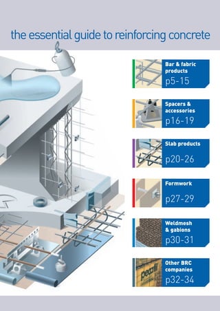 Bar & fabric
products
p5-15
Spacers &
accessories
p16-19
Slab products
p20-26
Formwork
p27-29
Weldmesh
& gabions
p30-31
theessentialguidetoreinforcingconcrete
Other BRC
companies
p32-34
 