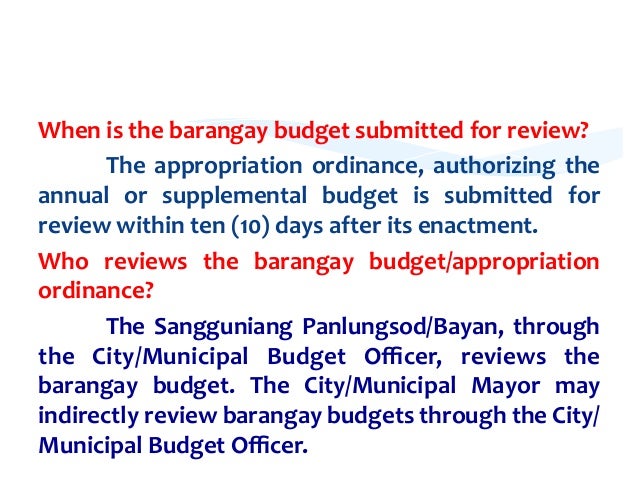 barangay budget Barangay budgetary process 1 aside from being a financial plan, the barangay budget serves as an instrument for barangay officials to effectively manage the development of the barangay. barangay budget Barangay budgetary process 1 aside from being a financial plan, the barangay budget serves as an instrument for barangay officials to effectively manage the development of the barangay.