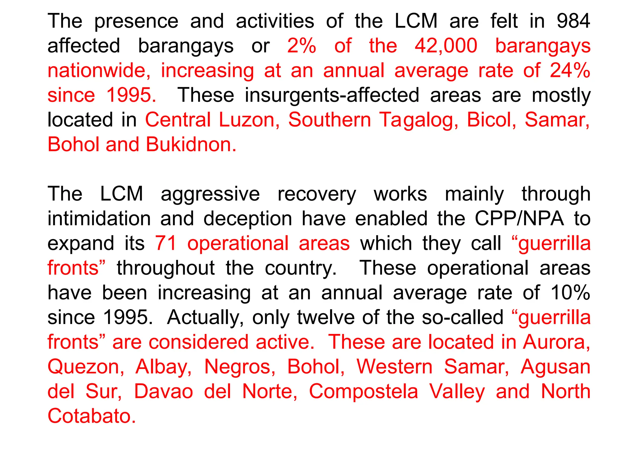 The presence and activities of the LCM are felt in 984
affected barangays or 2% of the 42,000 barangays
nationwide, increasing at an annual average rate of 24%
since 1995. These insurgents-affected areas are mostly
located in Central Luzon, Southern Tagalog, Bicol, Samar,
Bohol and Bukidnon.
The LCM aggressive recovery works mainly through
intimidation and deception have enabled the CPP/NPA to
expand its 71 operational areas which they call “guerrilla
fronts” throughout the country. These operational areas
have been increasing at an annual average rate of 10%
since 1995. Actually, only twelve of the so-called “guerrilla
fronts” are considered active. These are located in Aurora,
Quezon, Albay, Negros, Bohol, Western Samar, Agusan
del Sur, Davao del Norte, Compostela Valley and North
Cotabato.
 