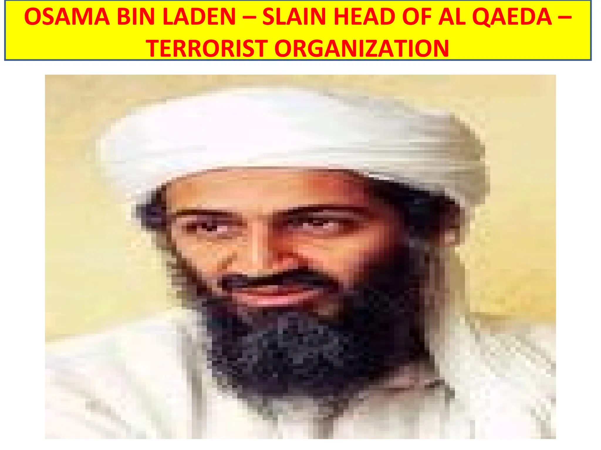 OSAMA BIN LADEN – SLAIN HEAD OF AL QAEDA –
TERRORIST ORGANIZATION
 