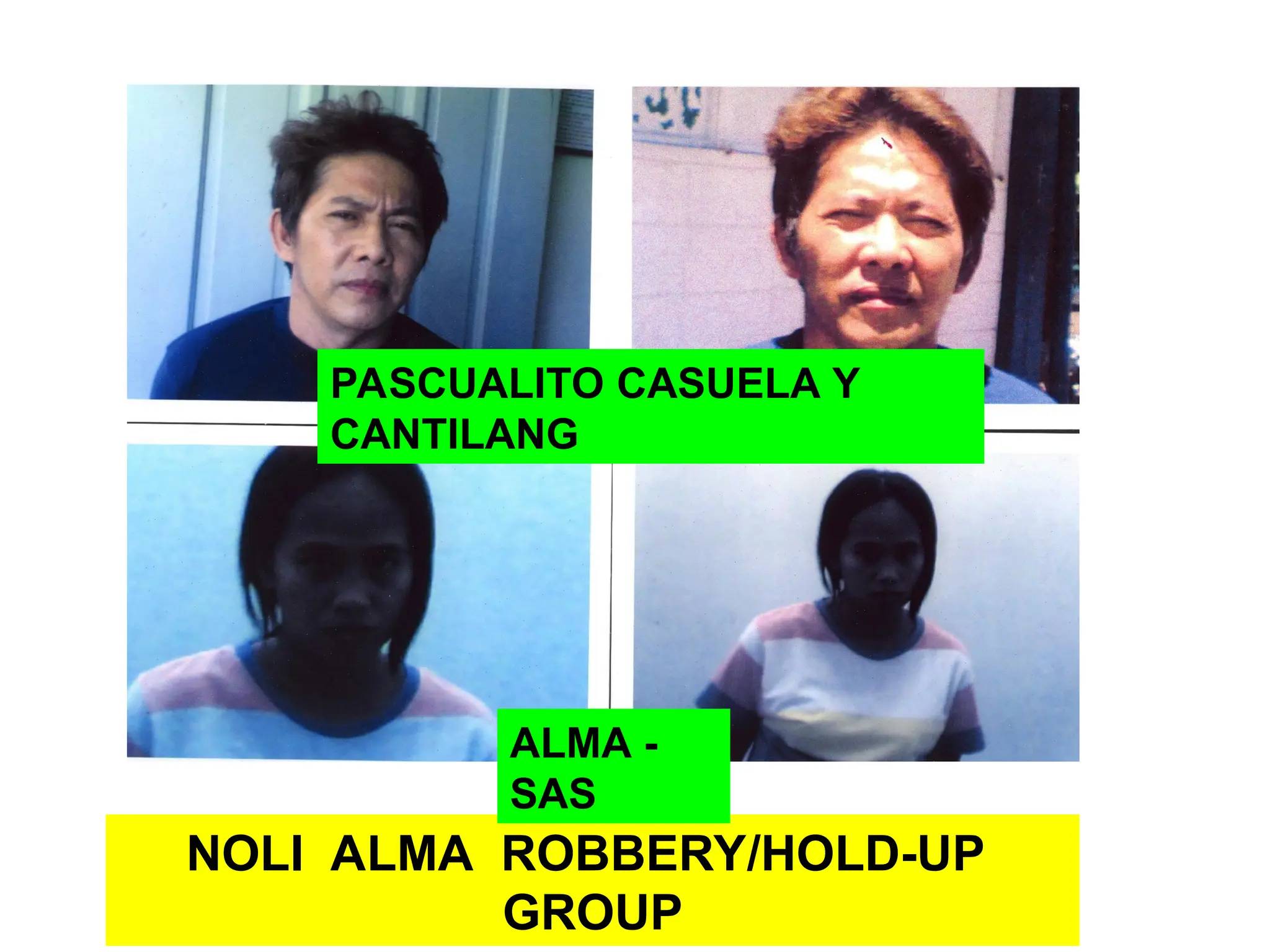 NOLI ALMA ROBBERY/HOLD-UP
GROUP
ALMA -
SAS
PASCUALITO CASUELA Y
CANTILANG
 
