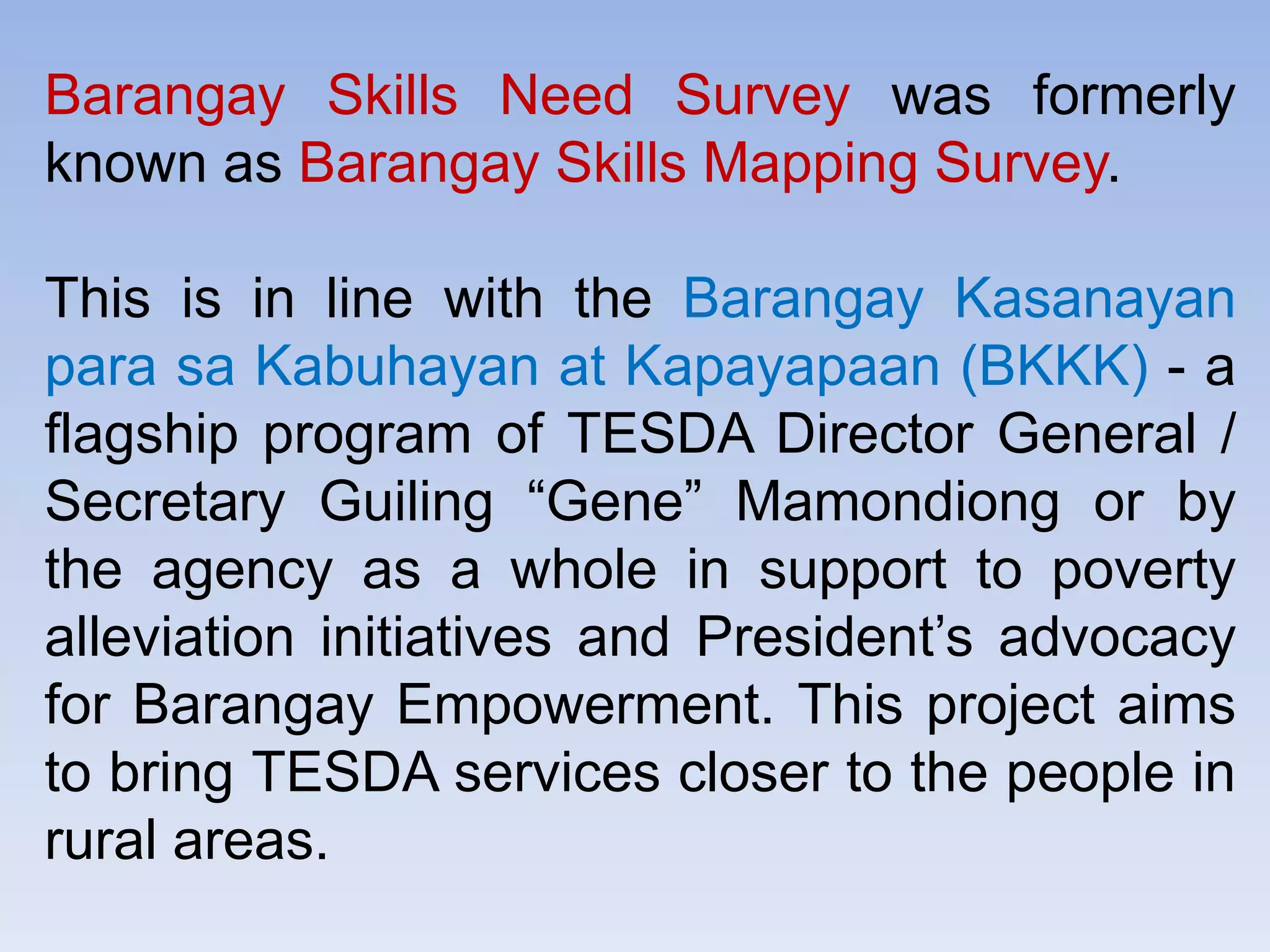 Barangay Skills Need Survey CY 2018 | PPTX