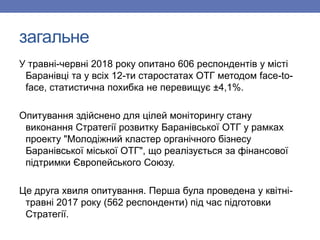 загальне
У травні-червні 2018 року опитано 606 респондентів у місті
Баранівці та у всіх 12-ти старостатах ОТГ методом face...