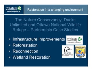 Restoration in a changing environment
The Nature Conservancy, Ducks
Unlimited and Ottawa National Wildlife
Refuge – Partnership Case Studies
• Infrastructure Improvements
• Reforestation
• Reconnection
• Wetland Restoration
 