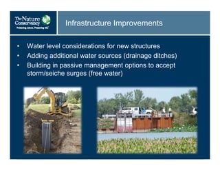 Infrastructure Improvements
• Water level considerations for new structures
• Adding additional water sources (drainage ditches)
• Building in passive management options to accept
storm/seiche surges (free water)
 