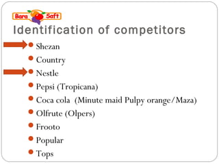 Identification of competitors 
Shezan 
Country 
Nestle 
Pepsi (Tropicana) 
Coca cola (Minute maid Pulpy orange/Maza) 
Olfrute (Olpers) 
Frooto 
Popular 
Tops 
 