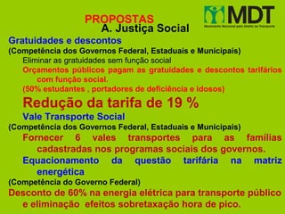 PROPOSTAS
                     A. Justiça Social
Gratuidades e descontos
(Competência dos Governos Federal, Estaduais e Municipais)
   Eliminar as gratuidades sem função social
   Orçamentos públicos pagam as gratuidades e descontos tarifários
       com função social.
   (50% estudantes , portadores de deficiência e idosos)

   Redução da tarifa de 19 %
   Vale Transporte Social
(Competência dos Governos Federal, Estaduais e Municipais)
   Fornecer 6 vales transportes para as famílias
      cadastradas nos programas sociais dos governos.
   Equacionamento da questão tarifária na matriz
      energética
(Competência do Governo Federal)
Desconto de 60% na energia elétrica para transporte público
  e eliminação efeitos sobretaxação hora de pico.
 