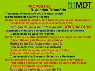 PROPOSTAS
                  B. Justiça Tributária
Tratamento diferenciado dos encargos sociais
(Competência do Governo Federal)
Cobrar os encargos sociais com base na receita das operadoras e
    não da folha de pagamento, com alíquota de 2,5%.
   Redução da tarifa da ordem de 4%- CONQUISTADO
 Tratamento Tributário diferenciado nos três níveis de Governo
    (Competência do Governo Federal)
Isentar o PIS e COFINS incidentes sobre os serviços do Transporte
    Público Urbano e de Característica Urbana
   Redução da Tarifa da ordem de 3%
    (Competência dos Governos Municipais)
    Isentar do ISS os serviços do Transporte Público
    Redução da Tarifa da ordem de 3%
    (Competência dos Governos Estaduais e Municipais)
Isentar do ICMS o diesel, a eletricidade de tração e os veículos
    (rodoviários e ferroviários) destinados ao Transporte Público
    Urbano e de Característica Urbana.
   Redução da tarifa da ordem de 5%
 
