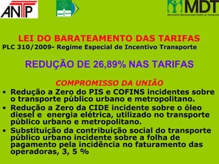 Fr e n t e
                P a r la m e n t a r
               d o Tr a n s p o r te
                    P ú b lic o




    LEI DO BARATEAMENTO DAS TARIFAS
PLC 310/2009- Regime Especial de Incentivo Transporte


      REDUÇÃO DE 26,89% NAS TARIFAS
             COMPROMISSO DA UNIÃO
• Redução a Zero do PIS e COFINS incidentes sobre
  o transporte público urbano e metropolitano.
• Redução a Zero da CIDE incidente sobre o óleo
  diesel e energia elétrica, utilizado no transporte
  público urbano e metropolitano.
• Substituição da contribuição social do transporte
  público urbano incidente sobre a folha de
  pagamento pela incidência no faturamento das
  operadoras, 3, 5 %
 