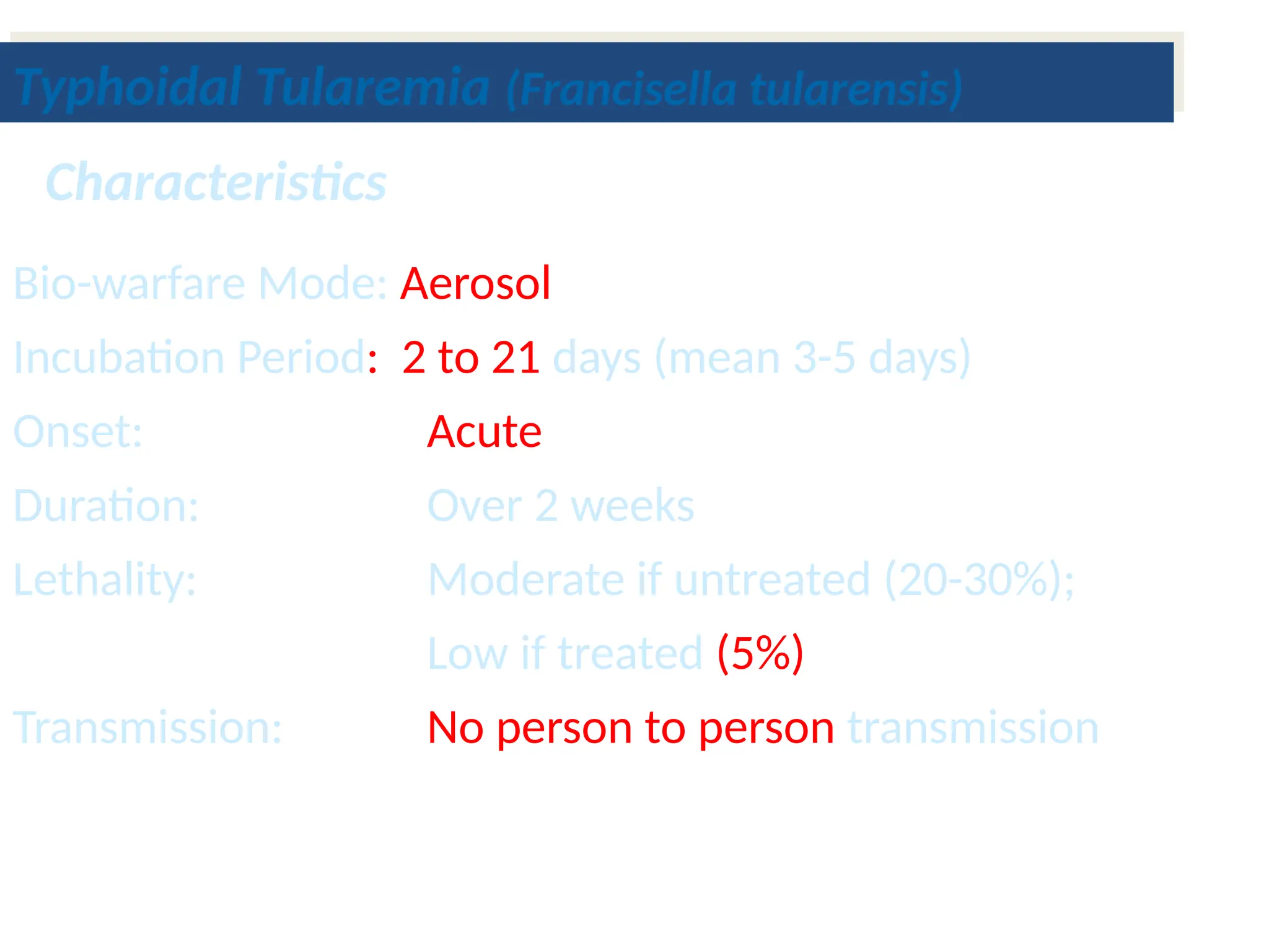 Bio-warfare Mode: Aerosol
Incubation Period: 2 to 21 days (mean 3-5 days)
Onset: Acute
Duration: Over 2 weeks
Lethality: Moderate if untreated (20-30%);
Low if treated (5%)
Transmission: No person to person transmission
Characteristics
Typhoidal Tularemia (Francisella tularensis)
 