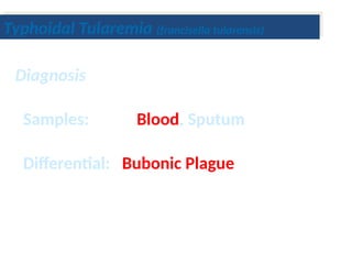 Diagnosis
Samples: Blood, Sputum
Differential: Bubonic Plague
Typhoidal Tularemia (francisella tularensis)
 