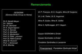 Remerciements
GESNOMA
(Geneva Study Group on Noma)
Dr D. Baratti-Mayer
Dr I. Bolivar
Dr J-E. Bornand
Dr A. Gayet-Ageron
Prof. A. Gervaix
Prof. A. Mombelli
Prof. D. Montandon
Prof. D. Pittet , président
Prof. B. Pittet-Cuénod
Mme M. Rusconi
Prof. J. Schrenzel
Dr A. Wamba
Dr P. François, Dr A. Huyghe, Mme M.Tangomo
Dr J.-M. Théler, Dr S. Hugonnet
Mme R. Sudan, Mme K. Uelfeti
Mme C. Nyffenegger, M Y. Seguin
Equipe GESNOMA à Zinder
Equipe Sentinelles à Zinder
Fondation Sentinelles à Lausanne
Financement: Fondation Gertrude Hirzel
 