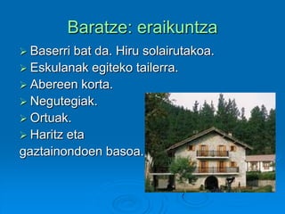 Baratze: eraikuntza
 Baserri bat da. Hiru solairutakoa.
 Eskulanak egiteko tailerra.
 Abereen korta.
 Negutegiak.
 Ortuak.
 Haritz eta
gaztainondoen basoa.
 