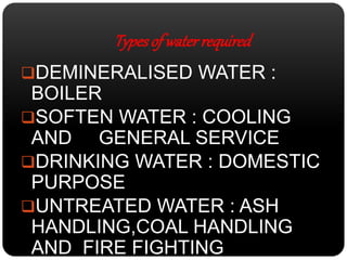 Types of water required 
DEMINERALISED WATER : 
BOILER 
SOFTEN WATER : COOLING 
AND GENERAL SERVICE 
DRINKING WATER : DOMESTIC 
PURPOSE 
UNTREATED WATER : ASH 
HANDLING,COAL HANDLING 
AND FIRE FIGHTING 
 