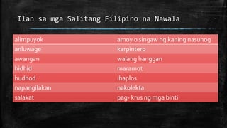 Ilan sa mga Salitang Filipino na Nawala
alimpuyok amoy o singaw ng kaning nasunog
anluwage karpintero
awangan walang hangg...