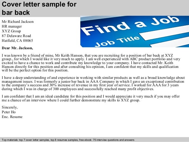 Bar Back Cover Letter