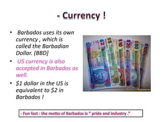 • Barbados uses its own
  currency , which is
  called the Barbadian
  Dollar. (BBD]
• US currency is also
  accepted in Barbados as
  well.
• $1 dollar in the US is
  equivalent to $2 in
  Barbados !
 