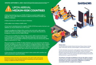 Monitoring includes interviews and assessments with public health professionals.
Should circumstances arise during the period of monitoring, you may be asked to
undergo an additional COVID-19 PCR test.
• Before disembarking, have your COVID-19 PCR test result (in English) visible, if
applicable. These results will be screened for validity by the Ministry of Health and
Wellness in Barbados.
• Masks must be worn while at the airport in Barbados.
• All travellers must undergo a health screen.
• If you haven’t submitted proof of a negative COVID-19 PCR test result or the test is not
validated, you may be denied entry to the country.
• Persons travelling from Medium-Risk countries who arrive with a valid negative
COVID-19 PCR test result will be permitted to leave the airport after clearance by
Immigration, Customs and Port Health Oﬃcials.
• Those persons travelling from Medium-Risk countries will be monitored daily for the
onset of symptoms for a period of 7 days. Eﬀective September 14th, persons will be
required to take a second COVID-19 PCR test. If persons refuse the 2nd test they will be
subject to quarantine for 7 days.
•If you test positive for COVID-19 while in Barbados, you may request from the Ministry
of Health and Wellness the option to Self-Isolate at a designated isolation-villa or isolation
hotel under strict stipulations that must be signed as accepted and proven to be in place,
alternatively you will be transported to an alternative accommodation for isolation, where
you’ll stay until you’ve recovered. Upon recovery, you can resume your vacation or you
may return home.
• Those persons who are deemed to have been in close contact with a positive case
will be quarantined at approved facilities.
UPON ARRIVAL
MEDIUM-RISKCOUNTRIES
Medium-Risk:
Includes Bermuda, Canada, Estonia, Germany, Ghana, Greece, Iceland,
Japan, Martinique, Norway, United Kingdom, United Arab Emirates.
A visitor who does not present a valid negative result and declines testing
upon arrival will be denied entry into Barbados. Citizens, Permanent
Residents and persons with permanent status who do not present a valid
negative COVID-19 PCR test result and who decline testing on arrival will
be quarantined in a government facility.
The Ministry of Health and Wellness reserves the right to require
testing of any traveller to the island regardless of documentation
presented or any other requirement, obligation or condition
associated with their assigned risk category.
UPDATED | SEPTEMBER 11, 2020 | InlightoftheﬂuidityoftheCOVID-19pandemic,theseprotocolsarelikelytochange.
Travellersareencouragedtocheckbarbadostravelprotocols.comforupdates.
 