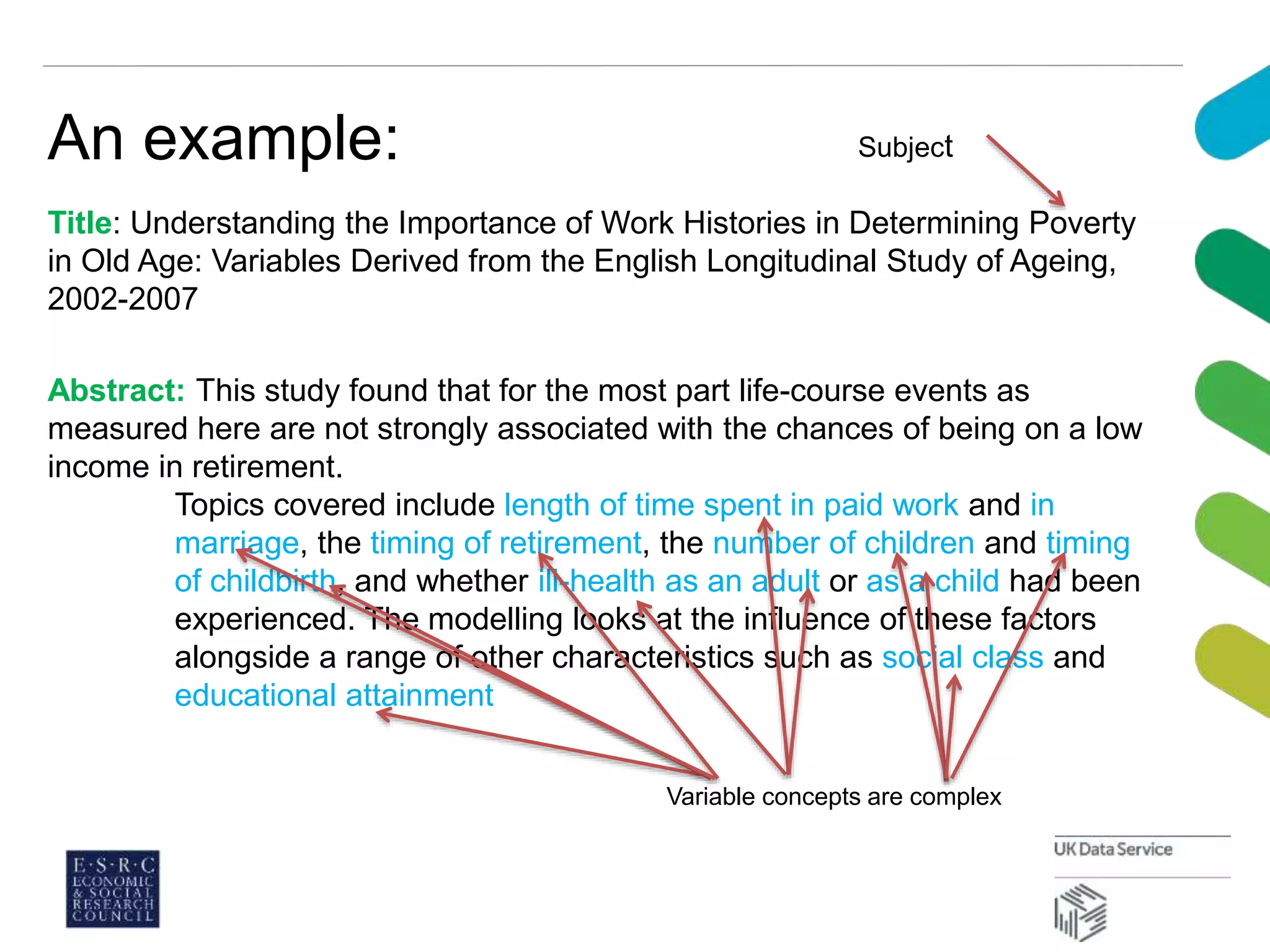 An example:
Title: Understanding the Importance of Work Histories in Determining Poverty
in Old Age: Variables Derived from the English Longitudinal Study of Ageing,
2002-2007
Abstract: This study found that for the most part life-course events as
measured here are not strongly associated with the chances of being on a low
income in retirement.
Topics covered include length of time spent in paid work and in
marriage, the timing of retirement, the number of children and timing
of childbirth, and whether ill-health as an adult or as a child had been
experienced. The modelling looks at the influence of these factors
alongside a range of other characteristics such as social class and
educational attainment
Subject
Variable concepts are complex
 