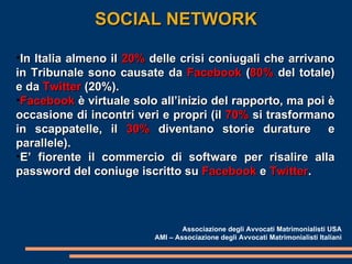 Associazione degli Avvocati Matrimonialisti USA AMI – Associazione degli Avvocati Matrimonialisti Italiani SOCIAL NETWORK In Italia almeno il  20%  delle crisi coniugali che arrivano in Tribunale sono causate da  Facebook  ( 80%  del totale) e da  Twitter  (20%).  Facebook  è virtuale solo all’inizio del rapporto, ma poi è occasione di incontri veri e propri (il  70%  si trasformano in scappatelle, il  30%  diventano storie durature  e parallele). E’ fiorente il commercio di software per risalire alla password del coniuge iscritto su  Facebook  e  Twitter . 