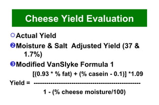 Cheese Yield Evaluation Actual Yield Moisture & Salt  Adjusted Yield (37 &  1.7%) Modified VanSlyke Formula 1   [(0.93 * % fat) + (% casein - 0.1)] *1.09 Yield =  ---------------------------------------------------   1 - (% cheese moisture/100) 