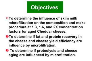 To determine the influence of skim milk microfiltration on the composition and make procedure at 1.3, 1.6, and 2X concentration factors for aged Cheddar cheese.  To determine if fat and protein recovery in the cheese and cheese yield efficiency are influence by microfiltration. To determine if proteolysis and cheese aging are influenced by microfiltration.  Objectives 