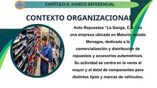 CONTEXTO ORGANIZACIONAL
CAPÍTULO II. MARCO REFERENCIAL
Auto Repuestos “La Ganga, C.A.” es
una empresa ubicada en Maturín, estado
Monagas, dedicada a la
comercialización y distribución de
repuestos y accesorios automotrices.
Su actividad se centra en la venta al
mayor y al detal de componentes para
distintos tipos y marcas de vehículos.
 